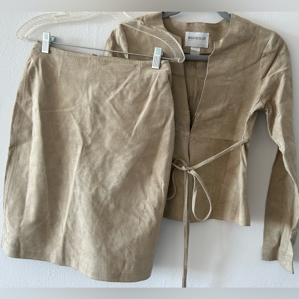 Hugo Buscati leather jacket and skirt set